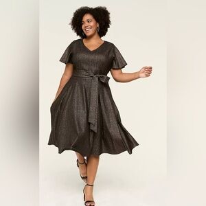 Lane Bryant Dress Size 18 Shimmer Knit Lena MIDI Tie Front Metallic Short Sleeve